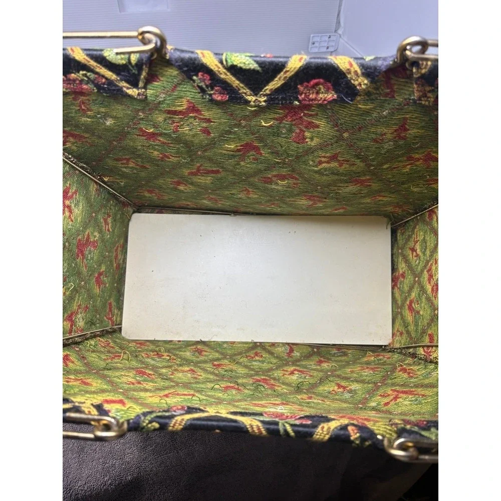 Vintage Tapestry Knitting Bag Black Floral Diamond Trellis Metal Frame Tote